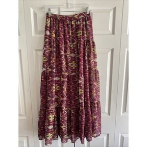 Her Destiny Ikat Tiered Maxi Skirt Womens Size S Plum Boho Chiffon Lined Elastic